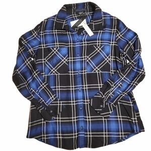 Sanctuary Womens Blue and Black Plaid Button-Up Boyfriend Shirt Size Small NWT
